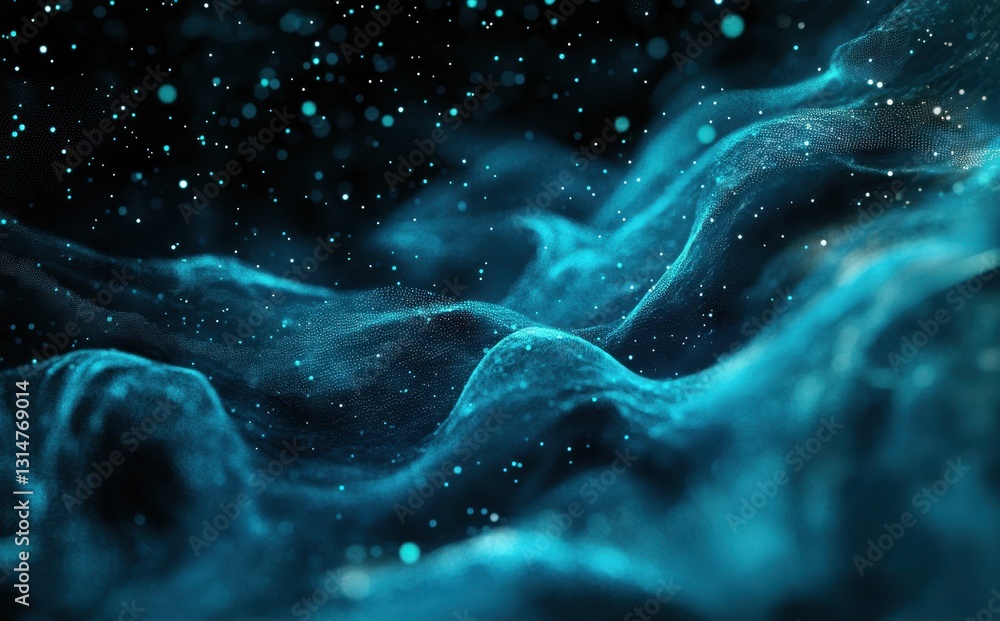 Poster ethereal blue waves with sparkling particles in a dark space creating an enigmatic and dreamy atmosp