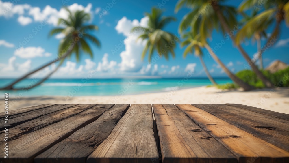 Poster empty wooden table in the foreground with a blurred beach and coconut trees in the background.