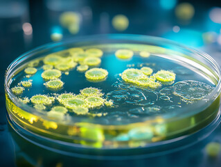 Close-up of glowing bacteria in petri dish with vibrant colors and details.