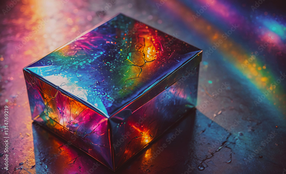 Poster colorful box with a rainbow design sits on a dark surface. the box appears to be a gift, and the col