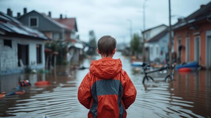 Child in Red Jacket Stands in Flooded Street After Heavy Rain