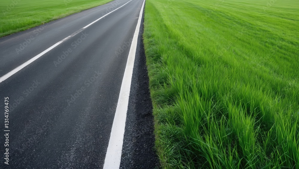 Poster empty asphalt road traversing a green grass field. isolated on a white background.