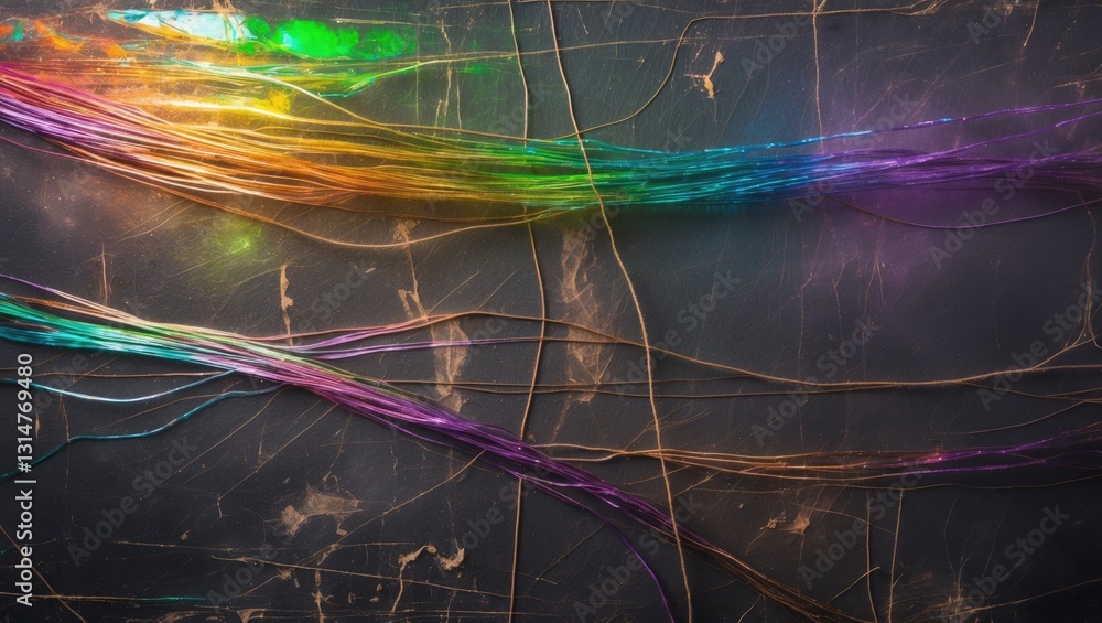Poster abstract background of holographic strings in all rainbow hues.