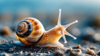 A close-up view of a sea snail located on the seashore.