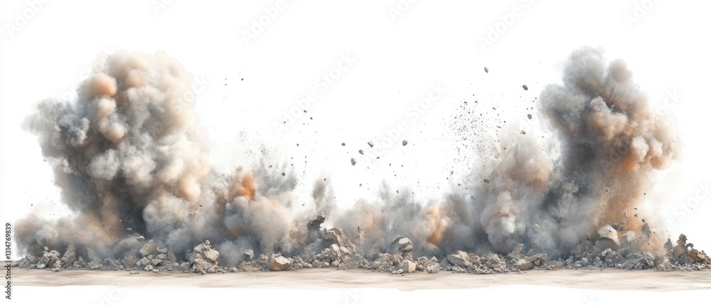 Poster dynamic explosion of dust and debris against a clean white backdrop showcasing raw power and destruc