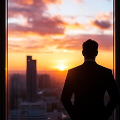 Fototapeta premium confident CEO standing with city skyline at sunset