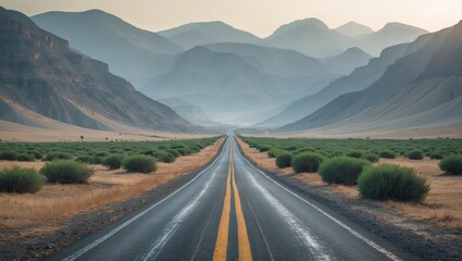 A direct road leads towards the horizon at the Mountains.
