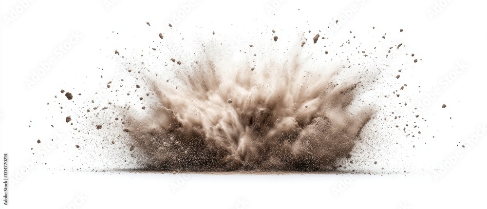 Poster dramatic explosion of earth and dust against a clean white backdrop capturing raw power and dynamic 