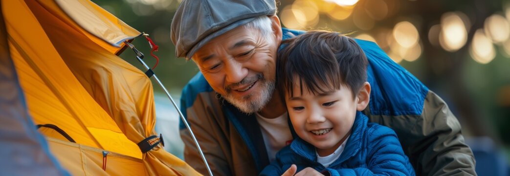 A joyful grandfather and grandson bonding while setting up a tent in nature. - Powered by Adobe
