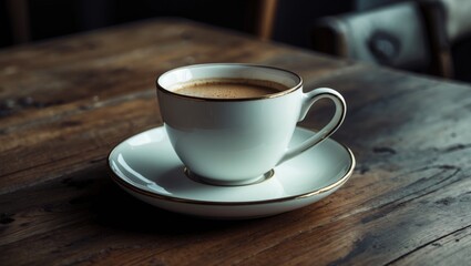 Fototapeta premium A porcelain coffee cup and saucer in white are placed on a hardwood table indoors.