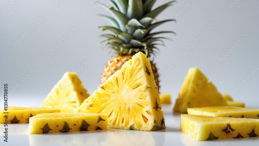 Poster Falling pineapple slice isolated on a white background, clipping path, complete depth of field.