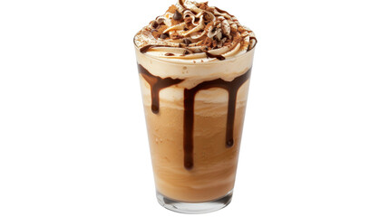 Iced coffee with whipped cream and chocolate drizzle on transparent background