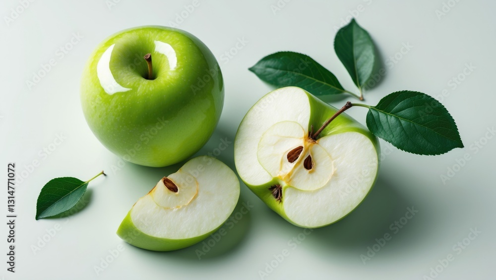 Poster flat lay of fresh green apple fruit with half and slices isolated on a background.
