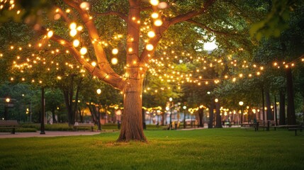 A large tree decorated with decorative glowing string lights