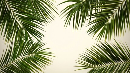 Obraz premium Tropical palm leaves frame, pale background, flat lay