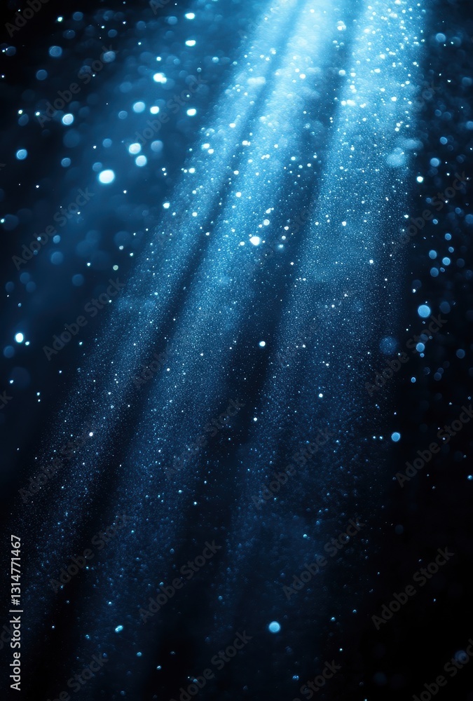 Poster ethereal light rays scattering through dark water with sparkling particles creating a magical underw