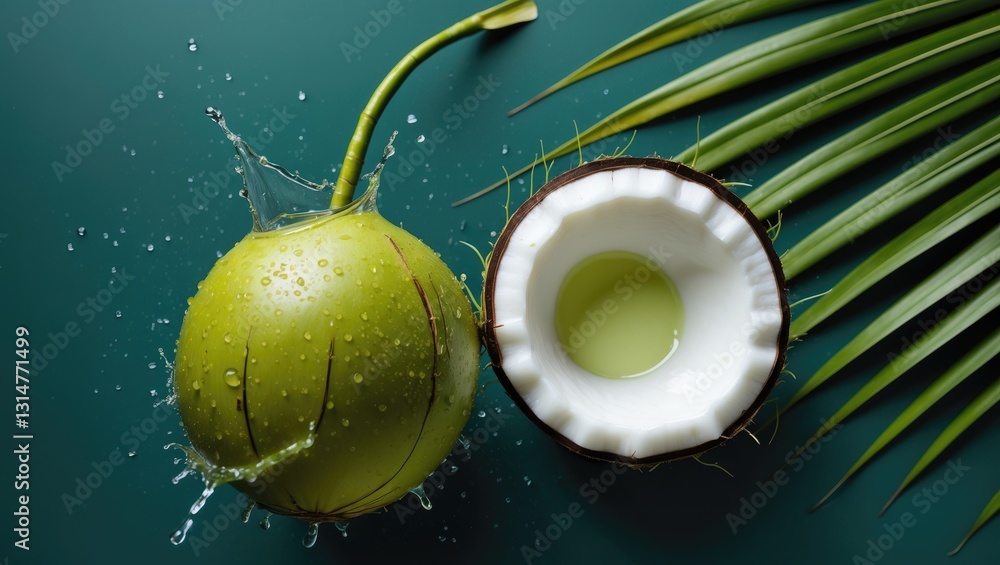 Aufkleber flat lay of coconut juice splash in a halved fruit isolated against a backdrop.