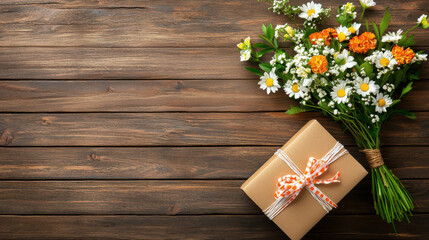 beautifully arranged bouquet of flowers next to gift box on wooden table creates warm and inviting atmosphere. Perfect for celebrations or special occasions