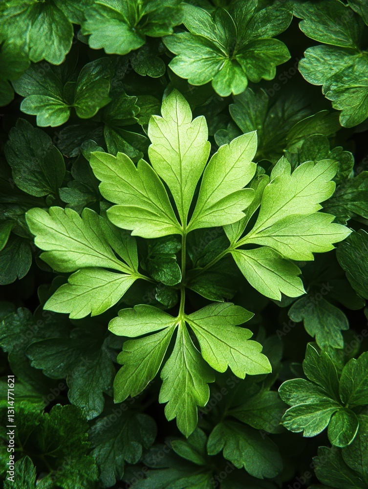 Poster Lush Green Foliage Displaying Intricate Leaf Patterns in a Dense Forest Canopy from a High Angle View