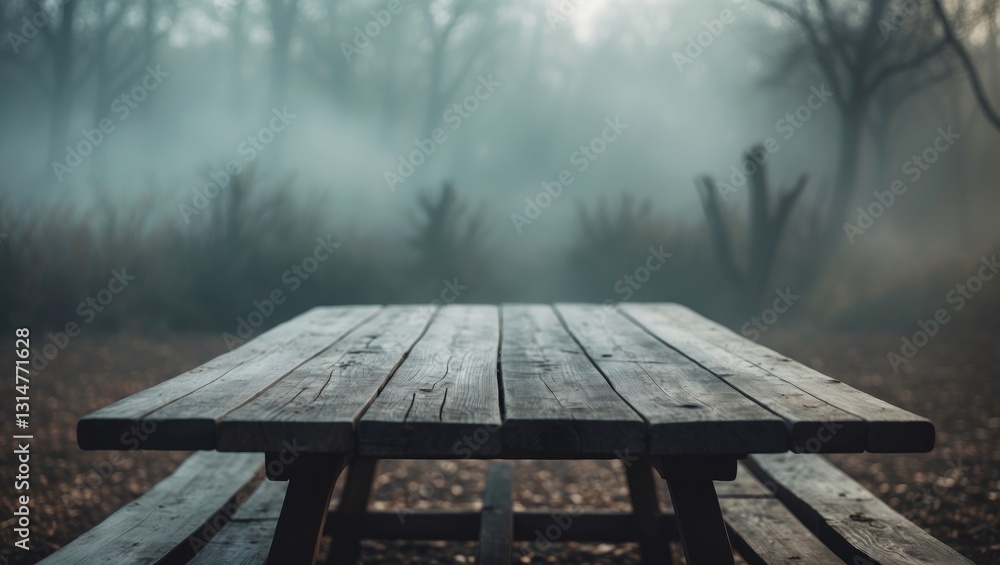 Poster empty wooden table with a misty background