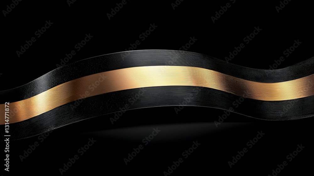 Poster dynamic flowing abstract 3d gold and black metallic ribbon on dark background graphic design element