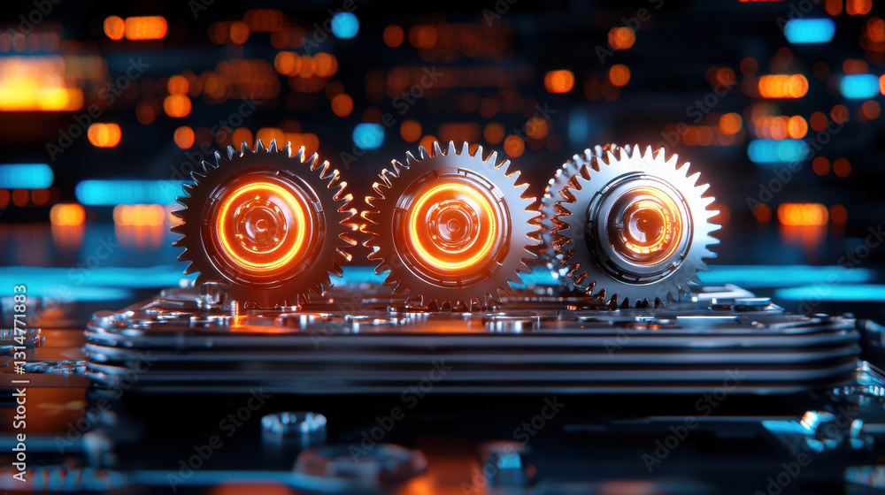Poster intricate gear mechanisms with glowing elements on circuit board create futuristic and dynamic atmos