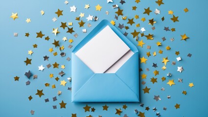 Blank card inside a blue envelope on a blue background adorned with confetti.