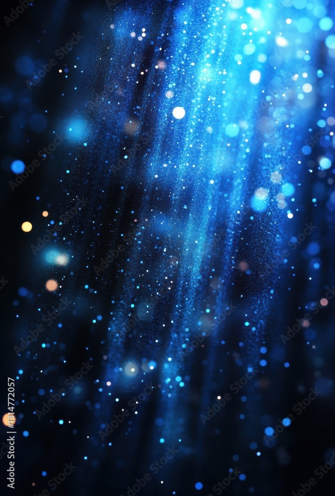 Poster ethereal light rays and glittering particles in a deep blue background, creating a mystical atmosphe