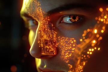 Close-up of a man's face with glowing circuit board patterns overlayed, suggesting technological integration with the human body.