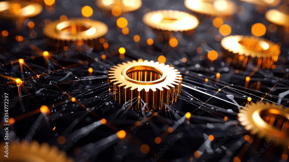 Aufkleber complex 3d network of interconnected gears with glowing elements, showcasing intricate mechanics and
