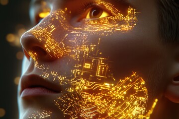 A person's face is overlaid with a glowing circuit board design, symbolizing technology's integration with humanity.