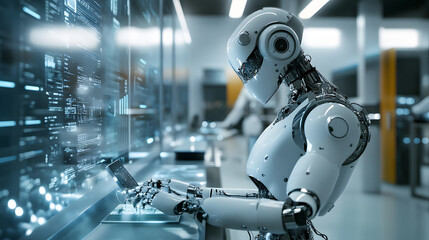 A futuristic robot with AI integration performing high-speed tasks in a quantum computing lab.