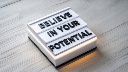 Poster encadré Words on a lightbox stating "Believe in your potential" on a surface, viewed from above. Space for text.