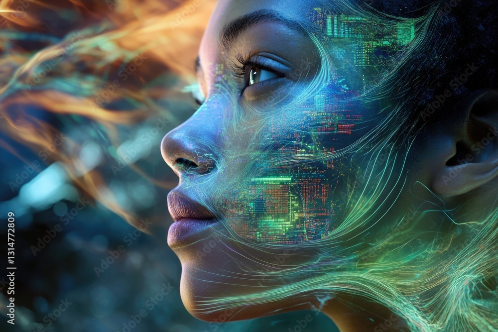 Poster a woman's face merges with vibrant, digital data streams, symbolizing technological integration and 