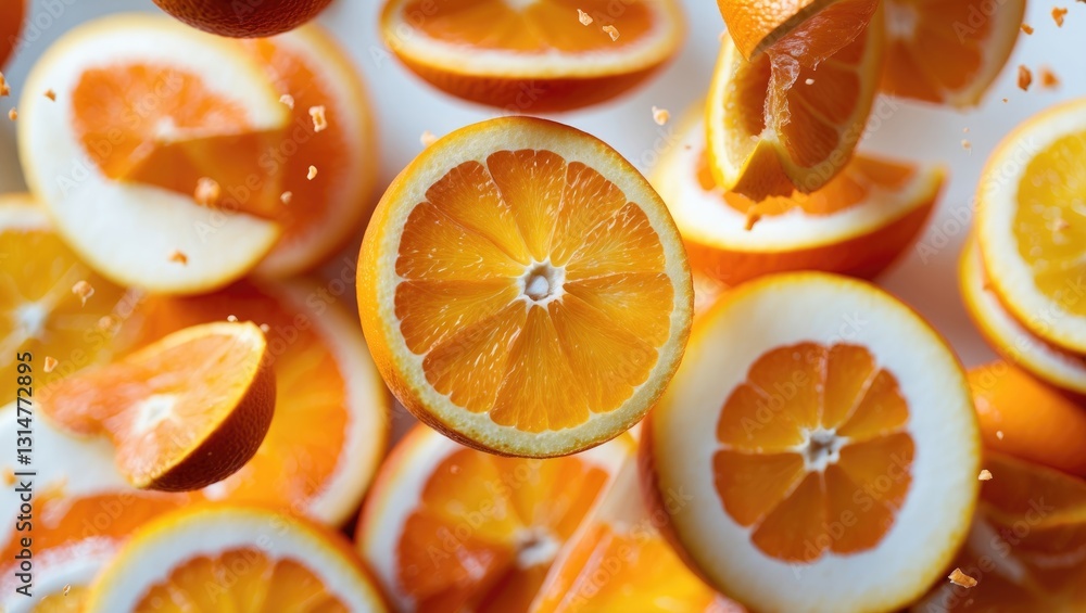 Poster Falling orange isolated on a backdrop with clipping path, complete depth of field.