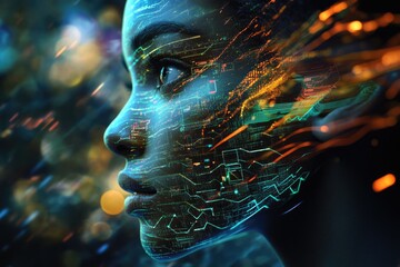 A futuristic portrait of a woman's face overlaid with digital data streams and glowing lines.