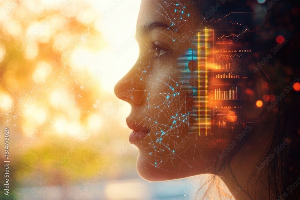 Poster a woman's profile is overlaid with data visualizations, symbolizing the intersection of technology a