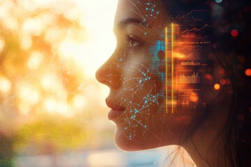 A woman's profile is overlaid with data visualizations, symbolizing the intersection of technology and humanity.