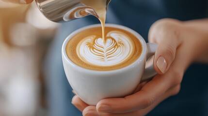 Barista Pouring Latte Art into White Coffee Cup in Soft Lighting