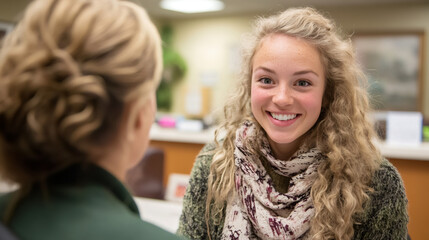 Young woman smiling and talking with a bank teller at the counter, getting financial advice