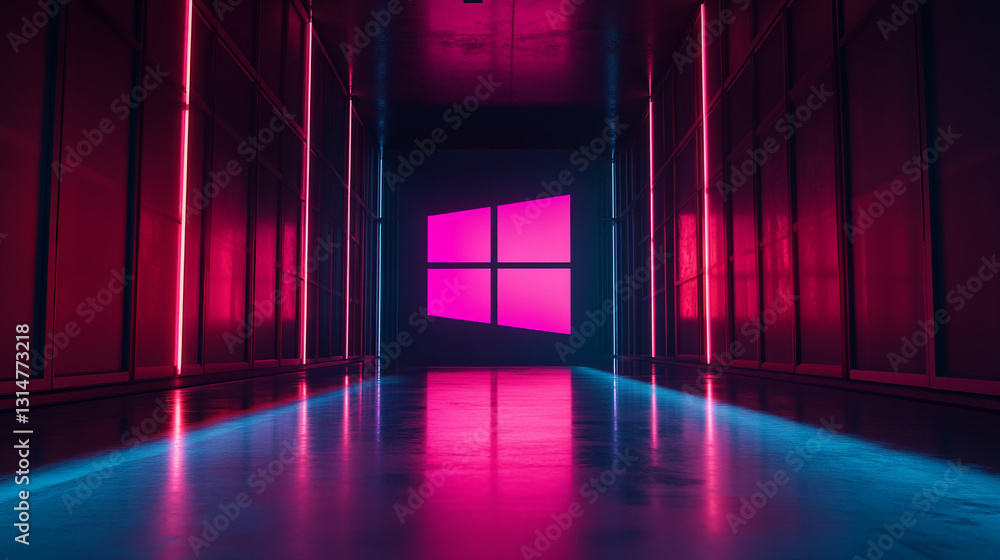 Poster neon-lit corridor with pink and blue lighting, featuring a pink square window-shaped element at the 