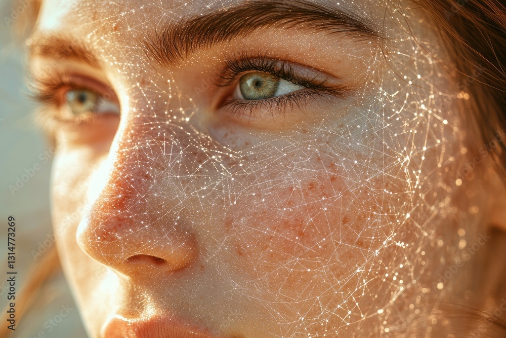 Poster close-up of a woman's face adorned with a delicate, glittering web-like pattern.
