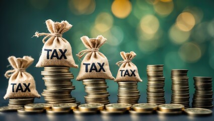 Government income tax collection concept illustrated by burlap bags labeled 'tax' stacked on increasing coins, representing the imposition of taxes intended to generate revenue for governance or to...