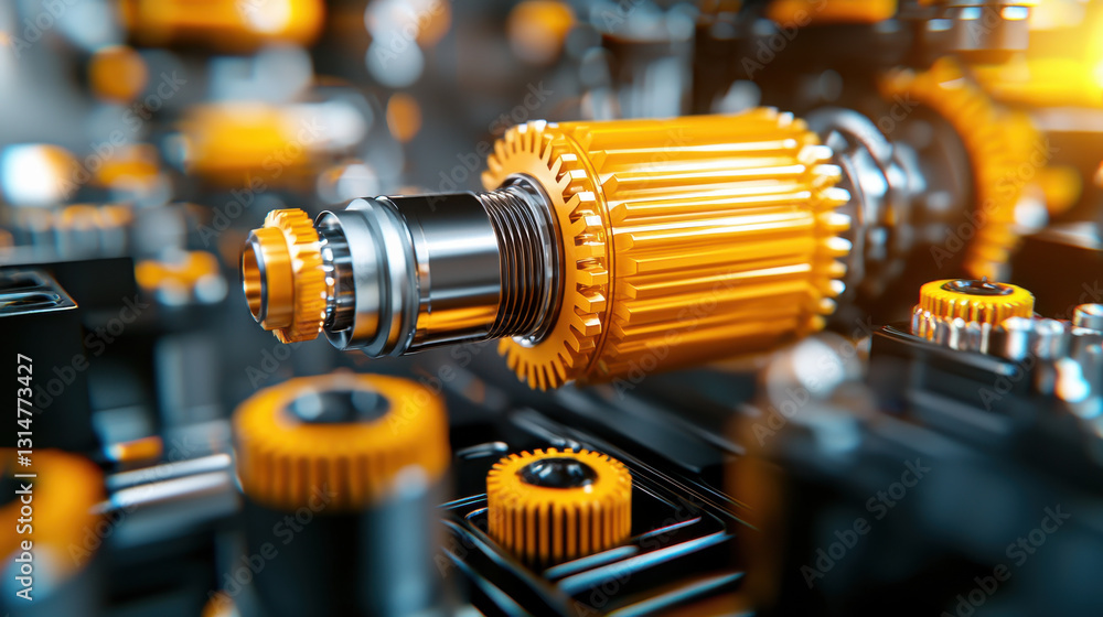 Poster mechanical 3d scene featuring large gear system with intricate details and vibrant orange accents. i