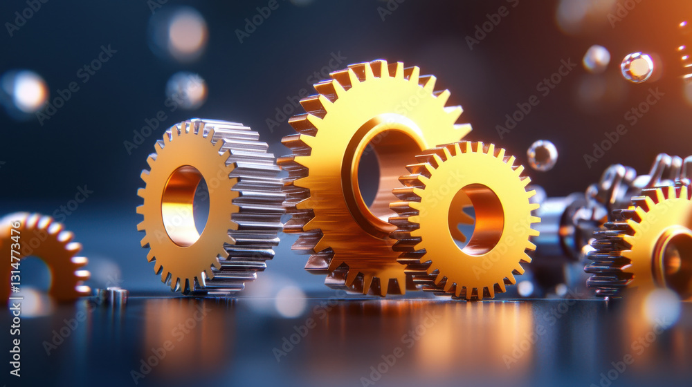 Poster large gear system with metallic gears in mechanical 3d scene, showcasing intricate details and refle