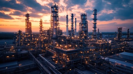 Obraz premium Sunset over Industrial Refinery Complex, Detailed Aerial View