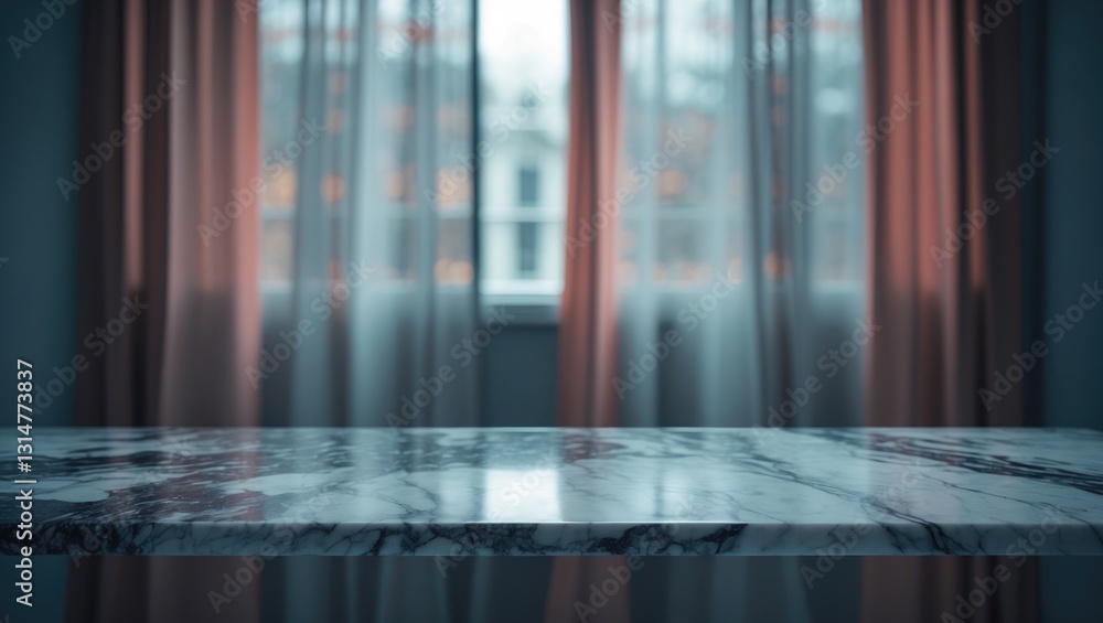 Poster Empty marble tabletop with a blurred background of window curtains.