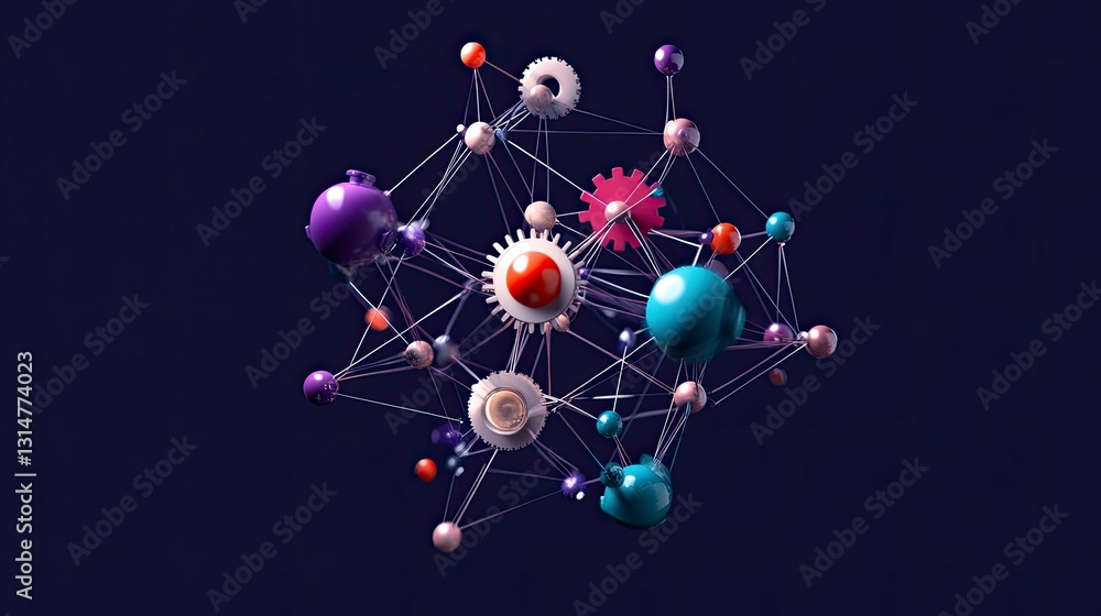 Poster abstract 3d rendering of interconnected colorful spheres and gears, symbolizing network, connection,