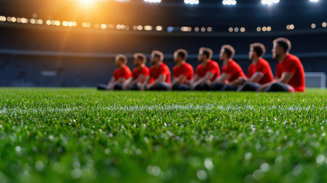 sports team in red jerseys sitting on grass field, preparing for game. stadium lights create vibrant atmosphere, showcasing teamwork and focus