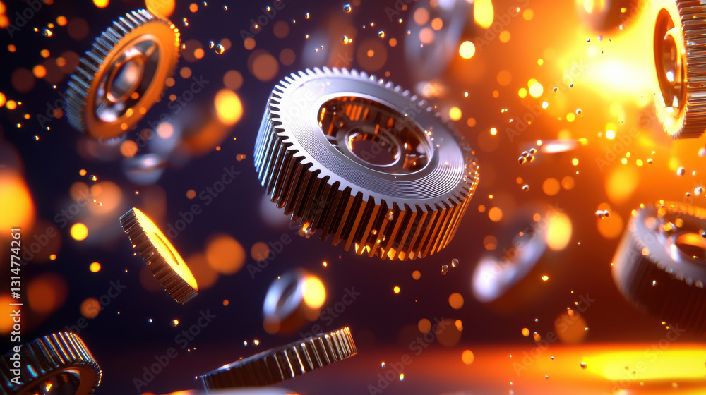 Fototapete stylized 3d rendering of gears floating in space with glowing particles, creating dynamic and futuri